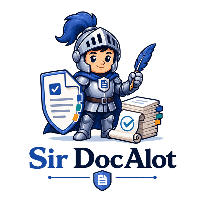 Sir DocAlot: a knight holding a quill, a checklist shield, and a stack of documents